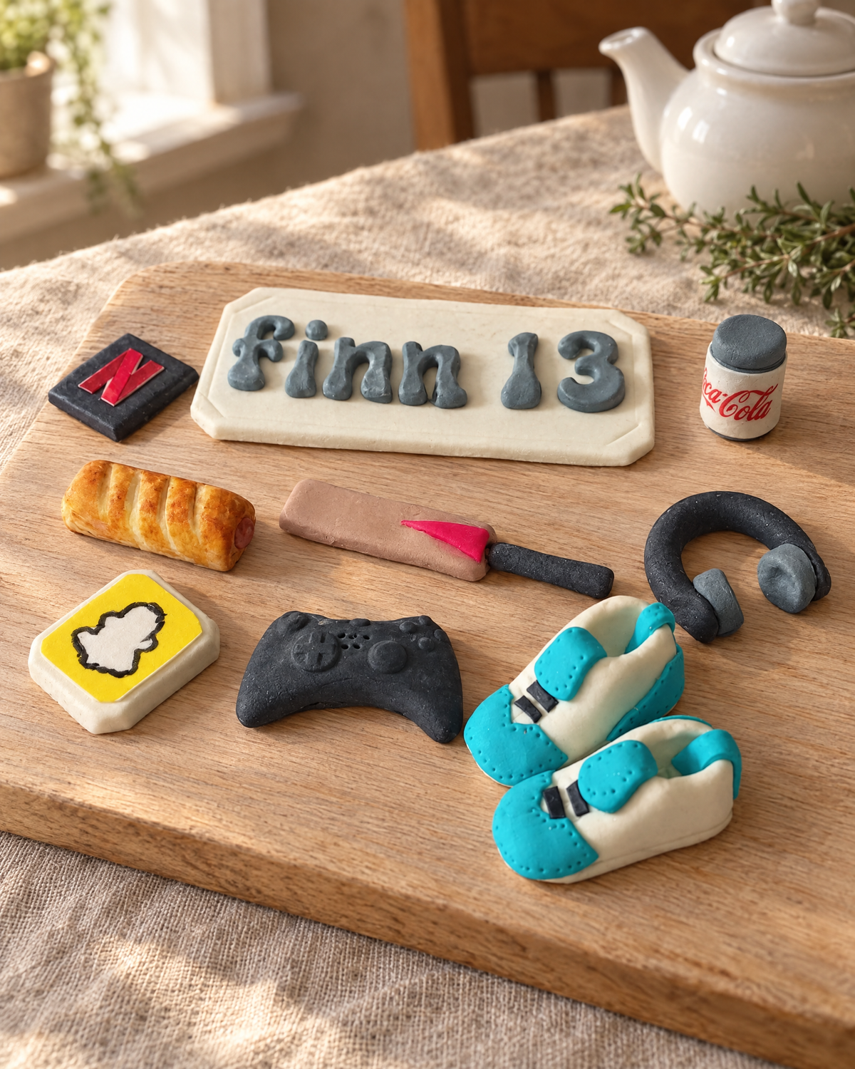 Teenager Personalised Cake Topper Set laid out on a wooden board