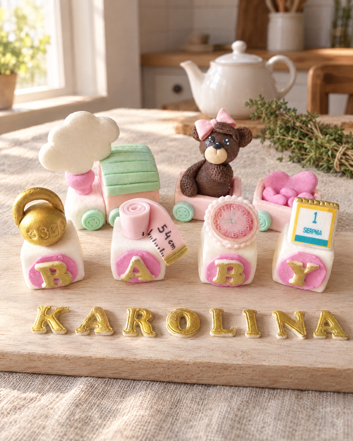 Baby Train and Blocks Personalised Cake Topper laid out on a wooden board