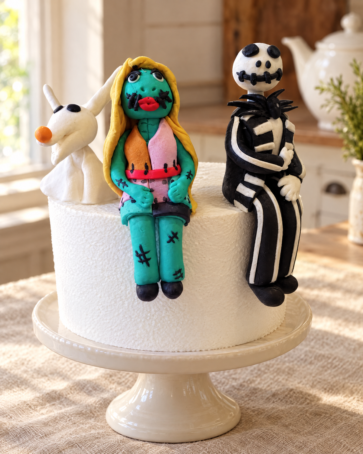 Nightmare Before Christmas Cake Topper Set on a cream cake stand