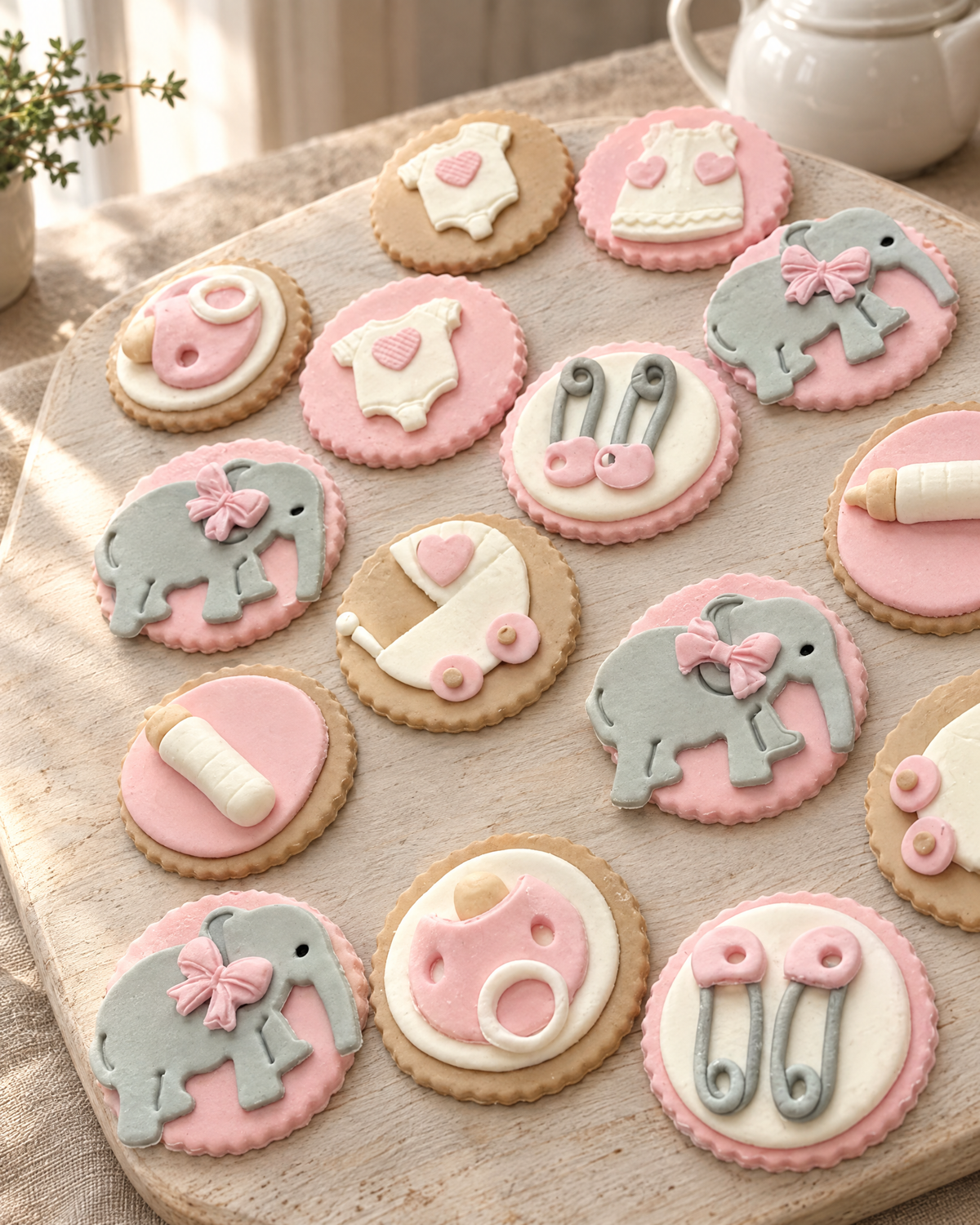 12 Baby Shower Cupcake Toppers laid out on a wooden board