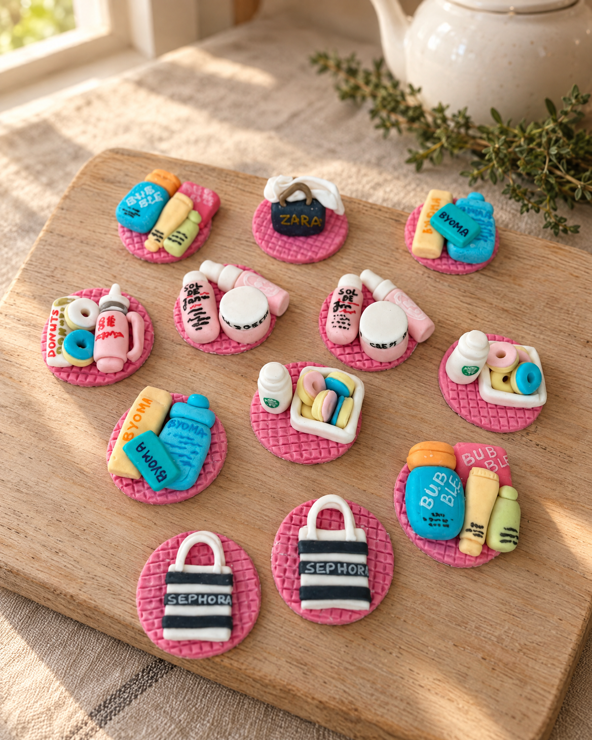 Make-Up and Fashion Cupcake Toppers laid out on a wooden board