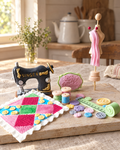 Sewing Machine and Dressmaker Cake Topper Set laid out on a wooden board