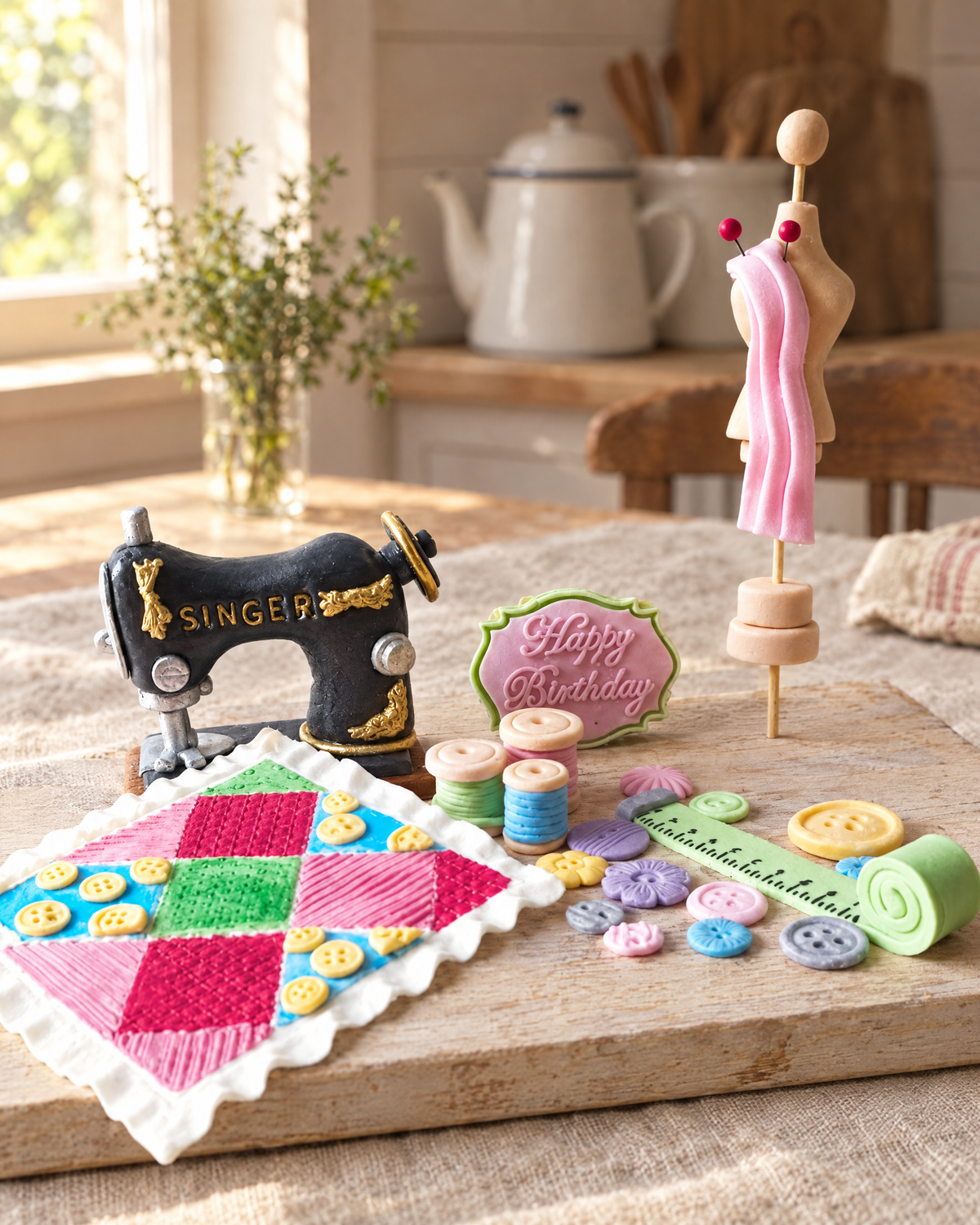 Sewing Machine and Dressmaker Cake Topper Set laid out on a wooden board