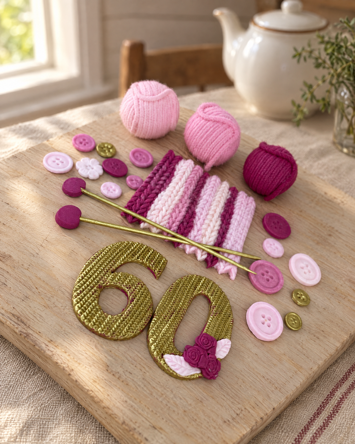 Knitting Wool Personalised Cake Topper laid out on a wooden board