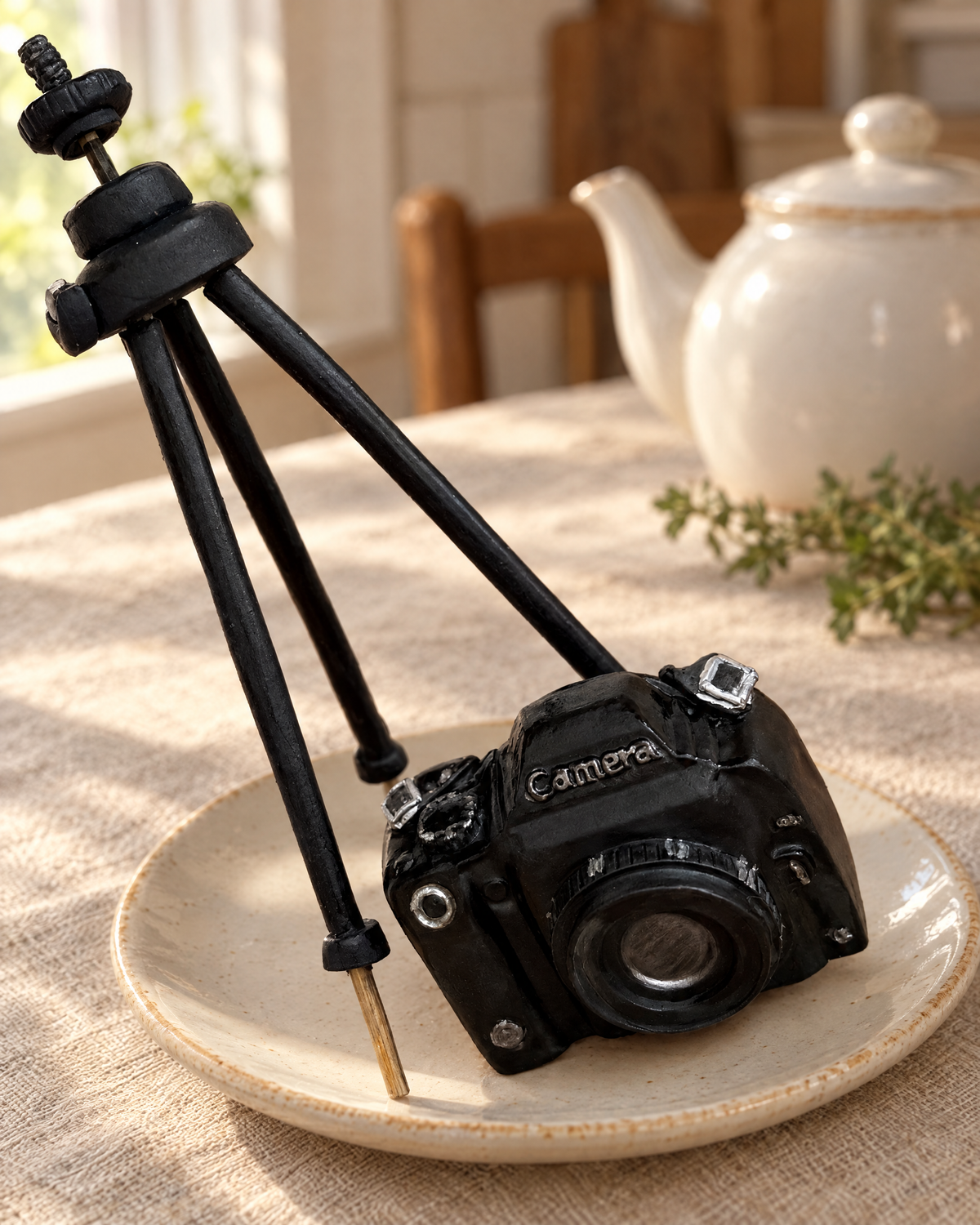 Camera and Tripod Cake Topper on a cream plate
