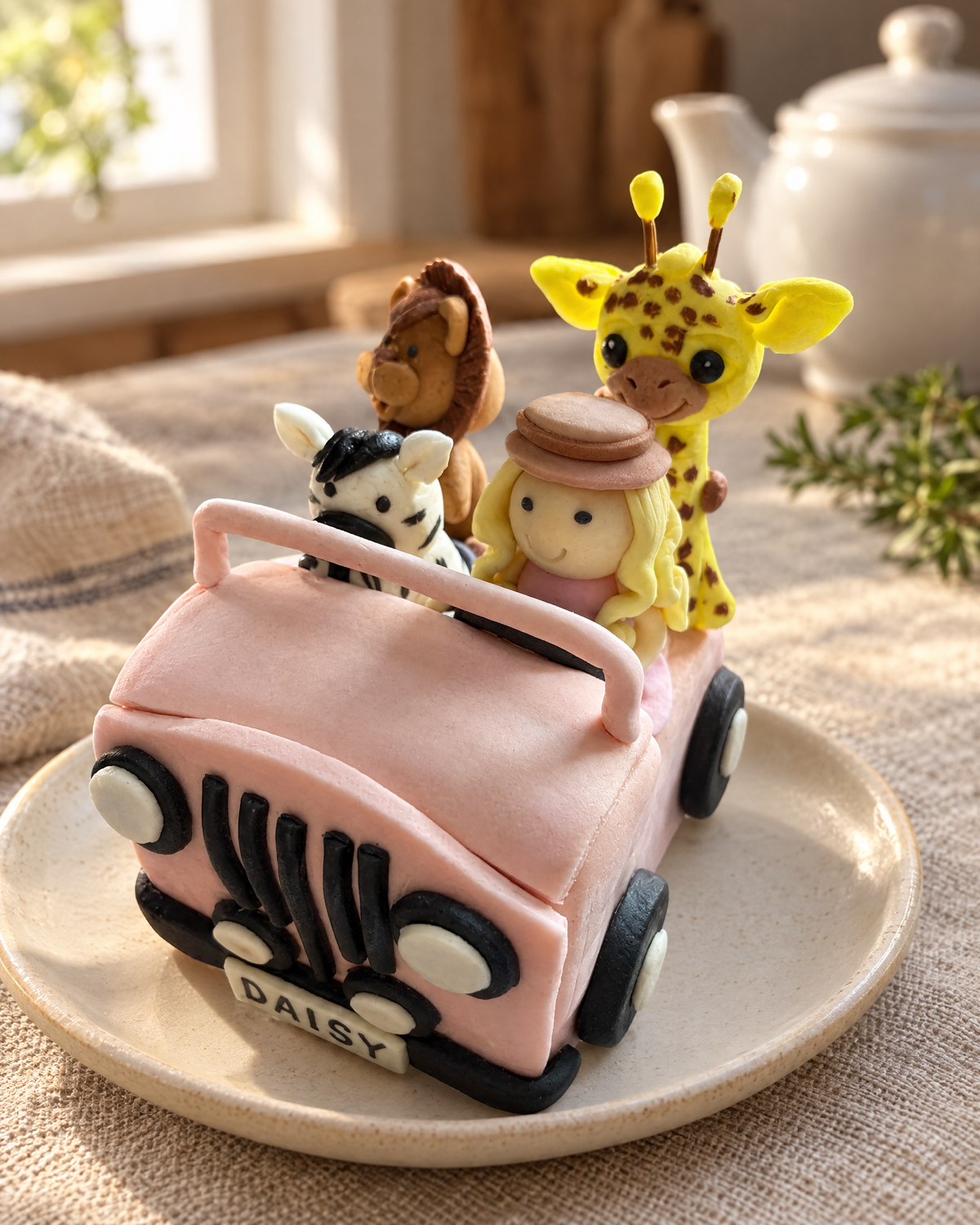 Safari Jeep Personalised Cake Topper on a cream plate