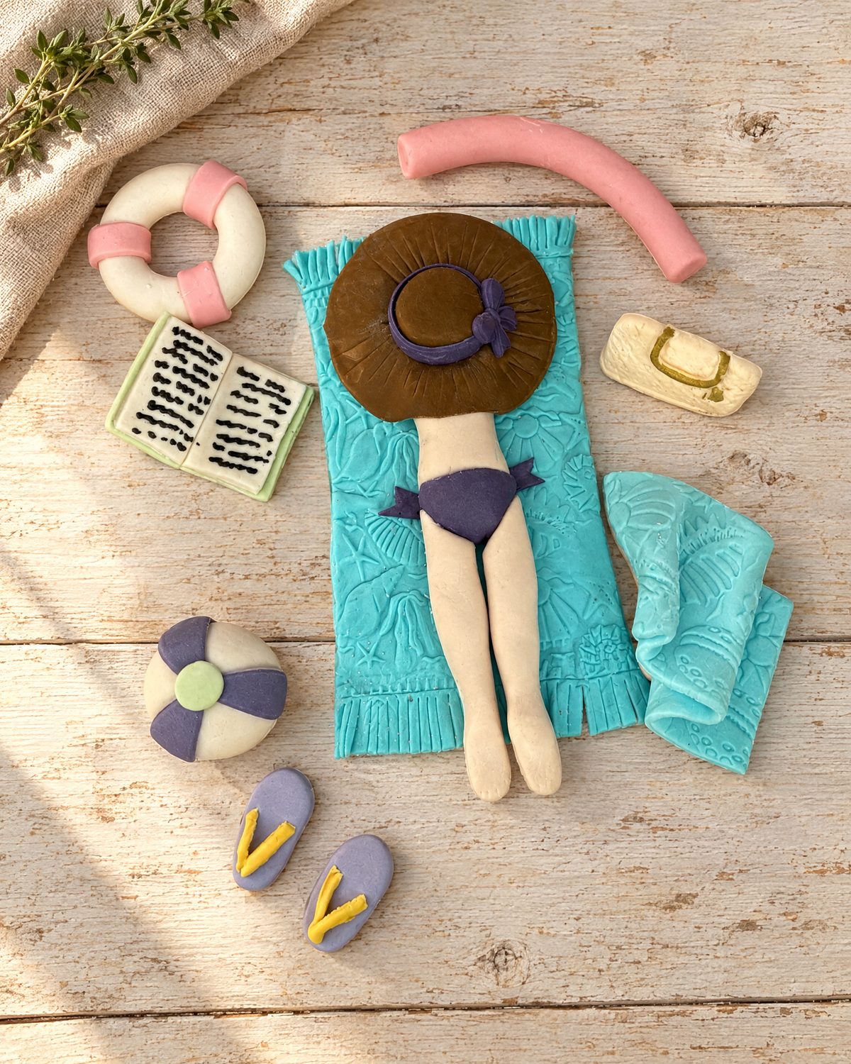 Summer Beach Lady Cake Topper Set laid flat on a wooden board