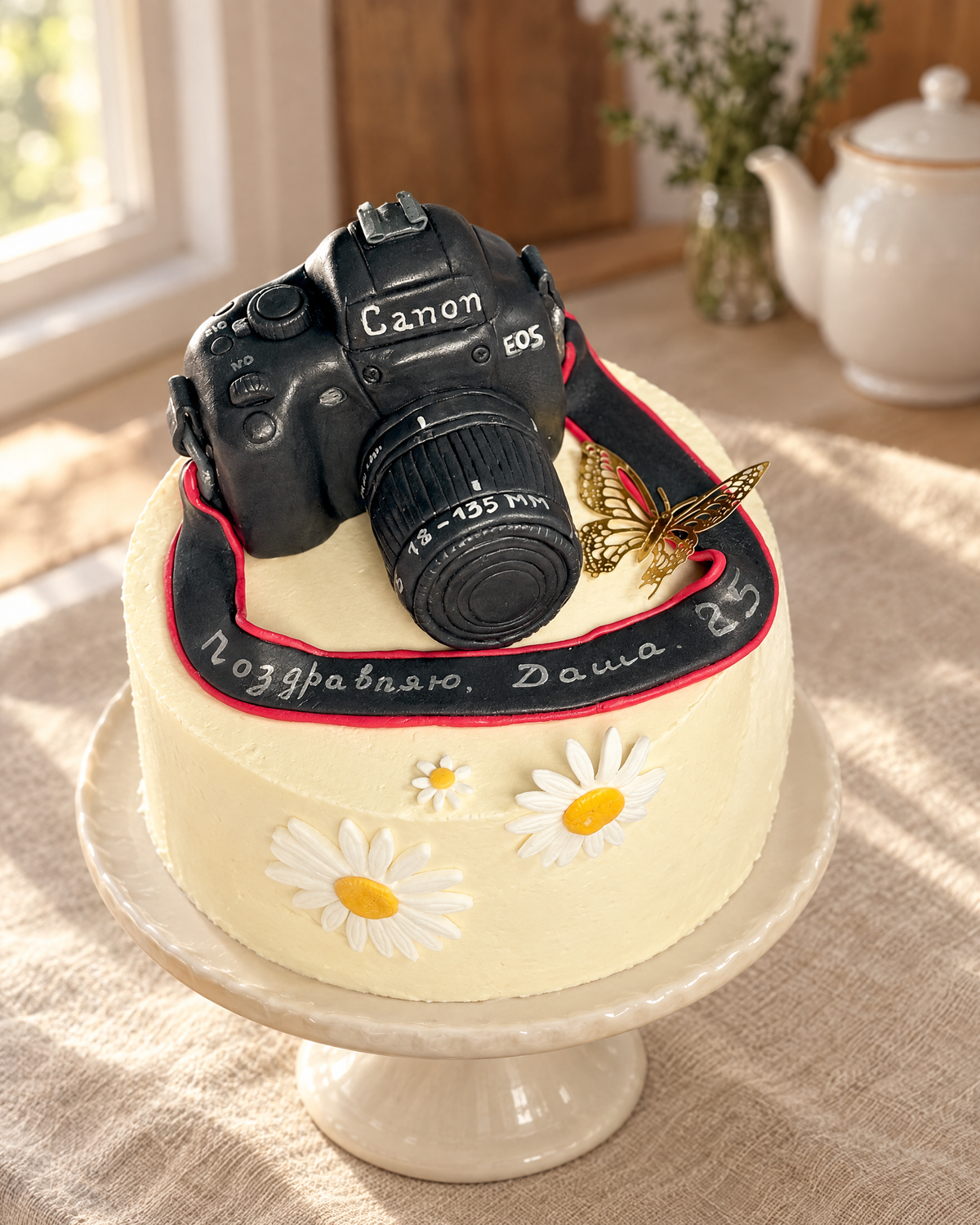 Camera Personalised Cake Topper on a cream cake stand