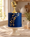 Microphone and Music Notes Cake Topper on a cream cake stand