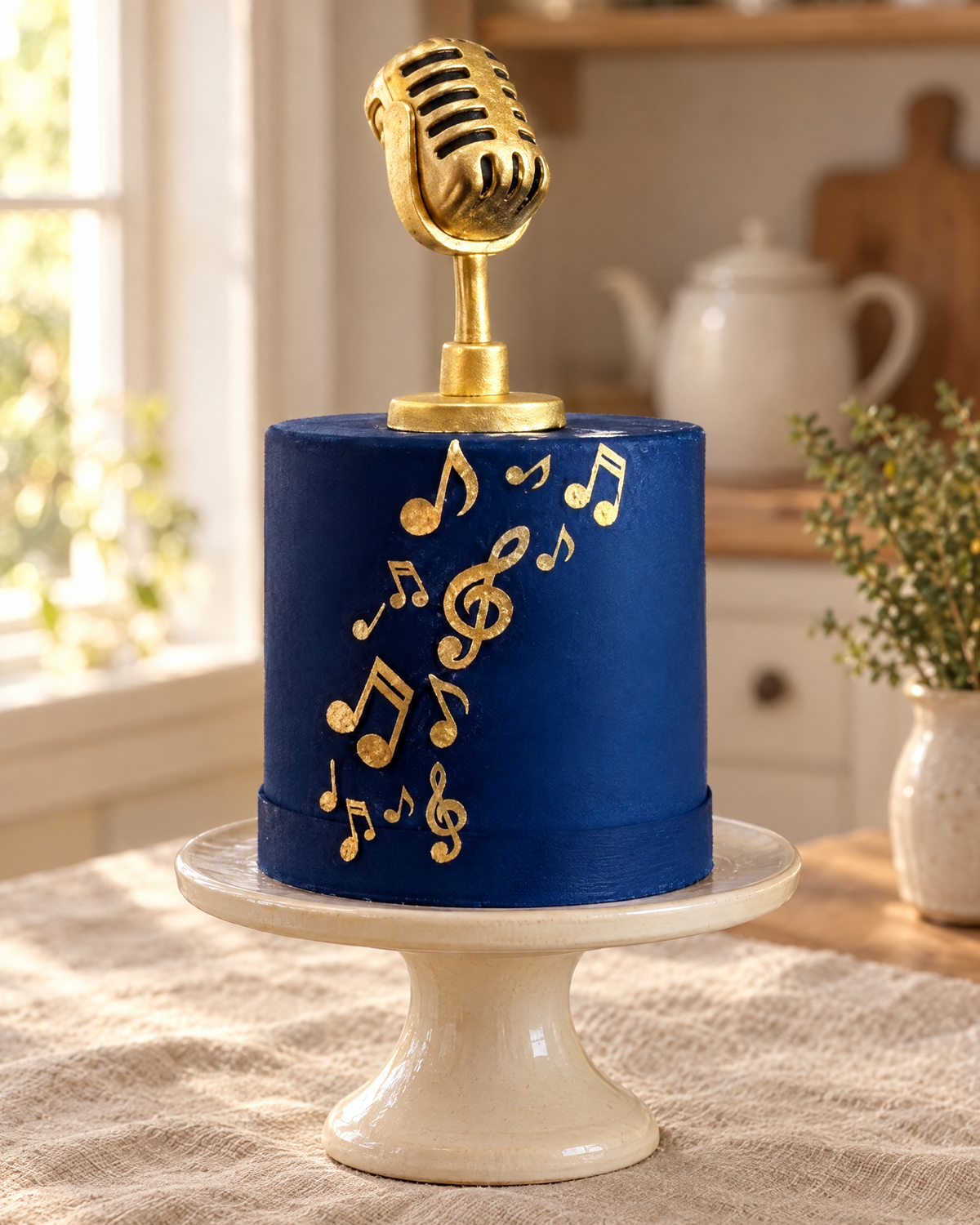 Microphone and Music Notes Cake Topper on a cream cake stand