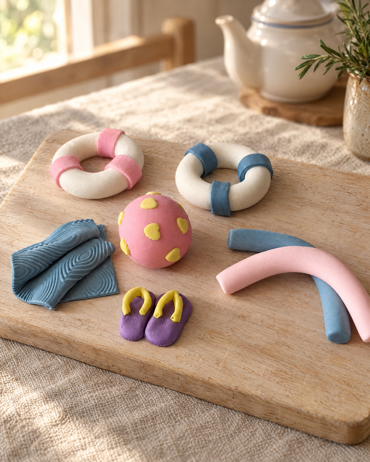Pool Party Cake Topper Set laid out on a wooden board