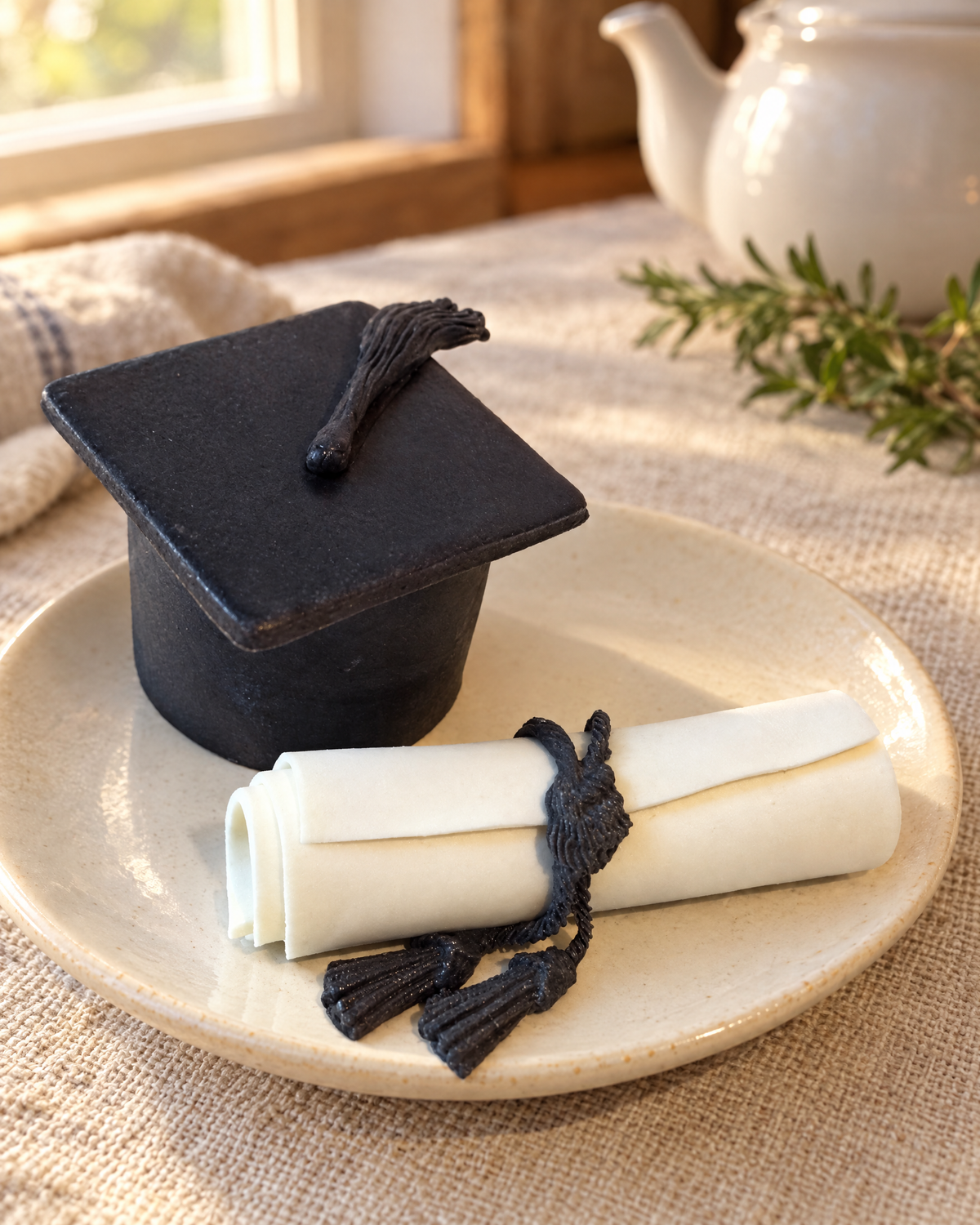 Graduation Cap and Scroll Cake Topper on a cream plate