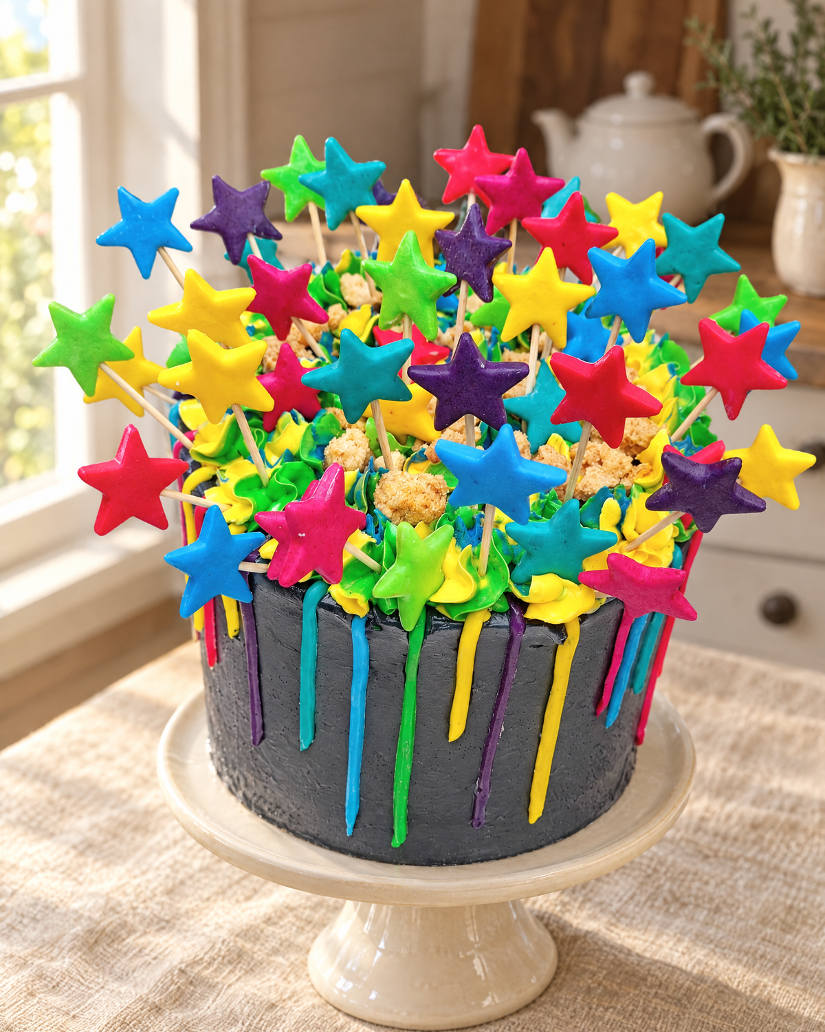 30 Star or Heart Cake Toppers on Sticks on a cream cake stand