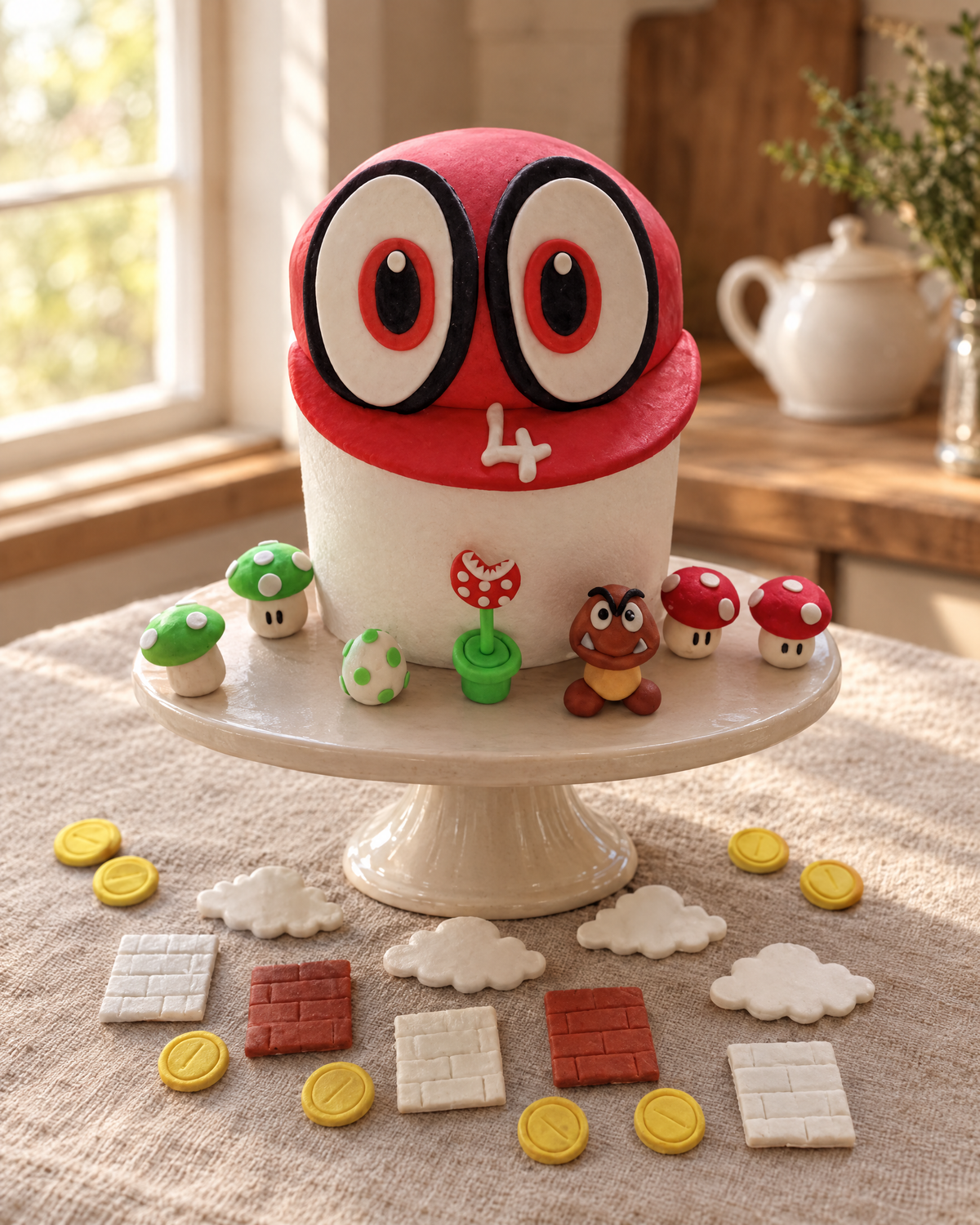 Super Mario Hat Cake Topper Set on a cream cake stand