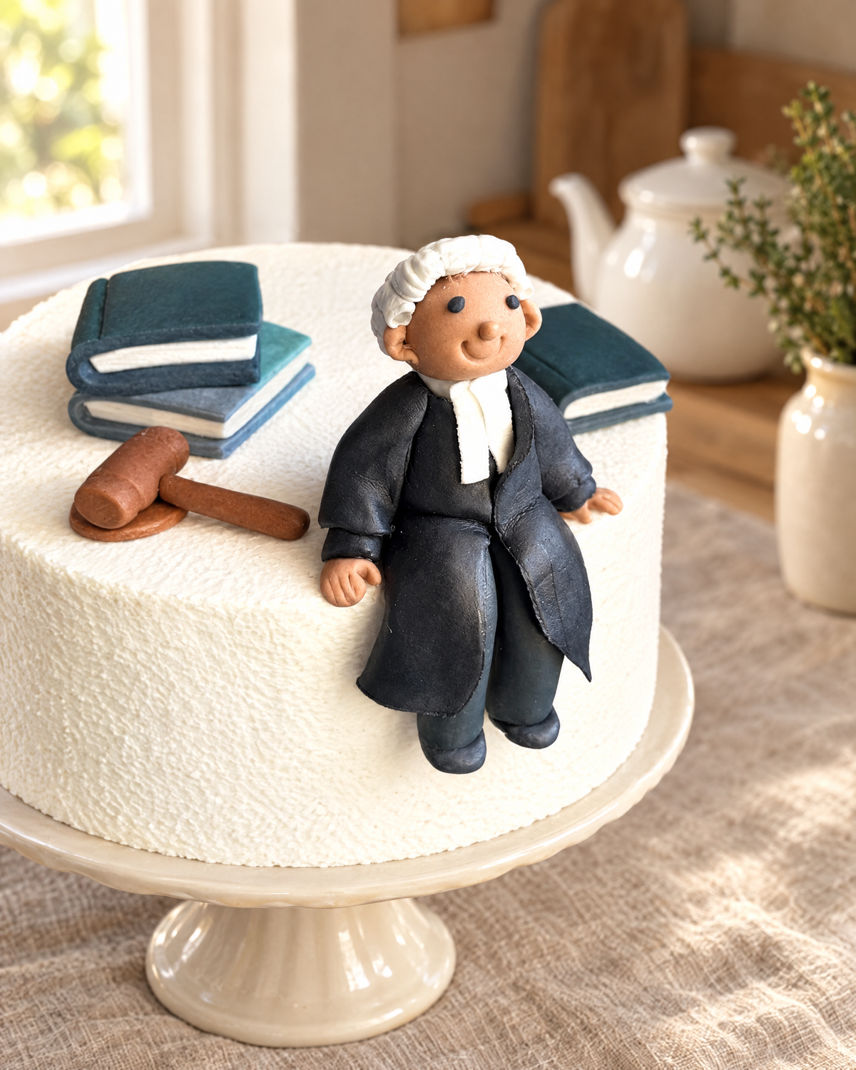Solicitor Cake Topper with Books and Gavel on a cream cake stand