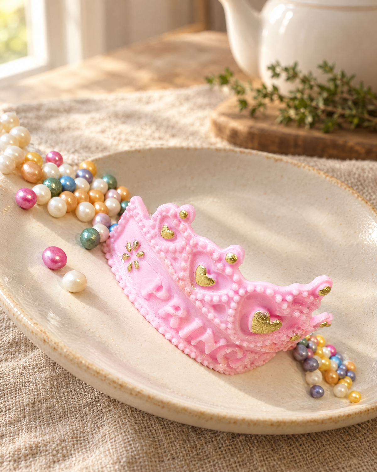 Pink Princess Tiara Cake Topper on a cream plate