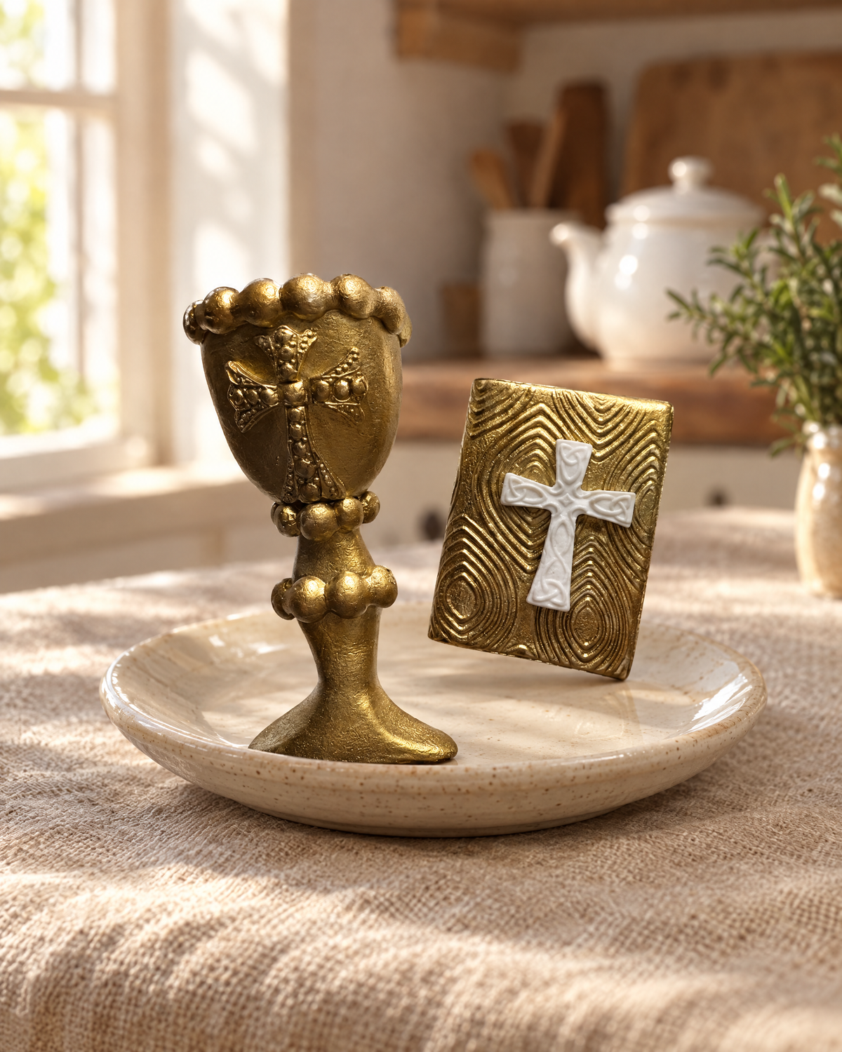 Gold Christening Cake Topper Set on a cream plate