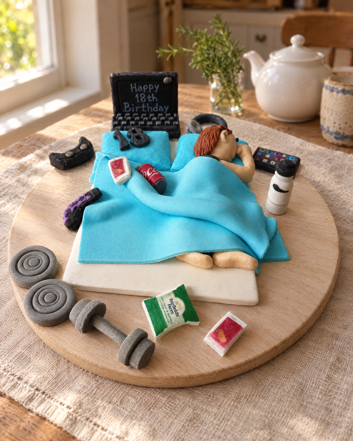 Sleepy Teenager Bedroom Cake Topper Set laid out on a wooden board