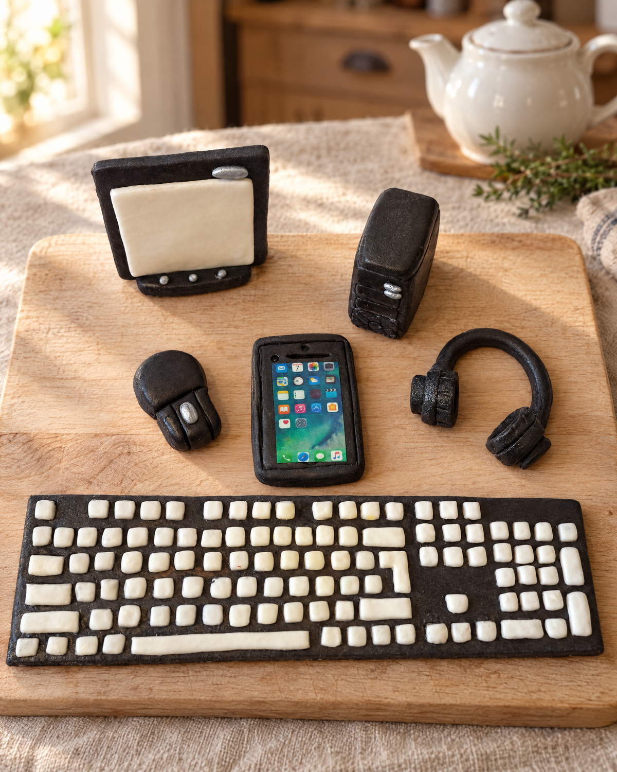 Computer, Keyboard and Phone Cake Topper Set laid out on a wooden board