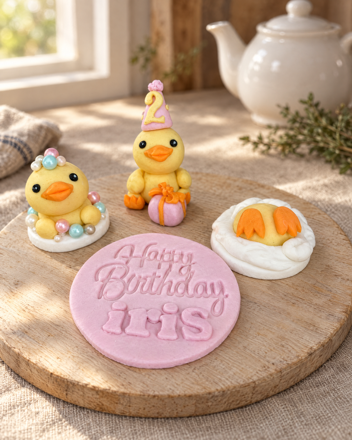 Yellow Ducks Cake Topper Set laid out on a wooden board