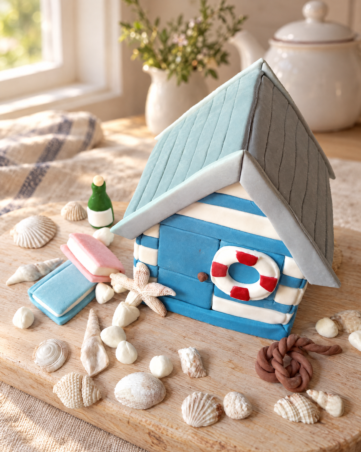 Beach Hut Cake Topper Set laid out on a wooden board