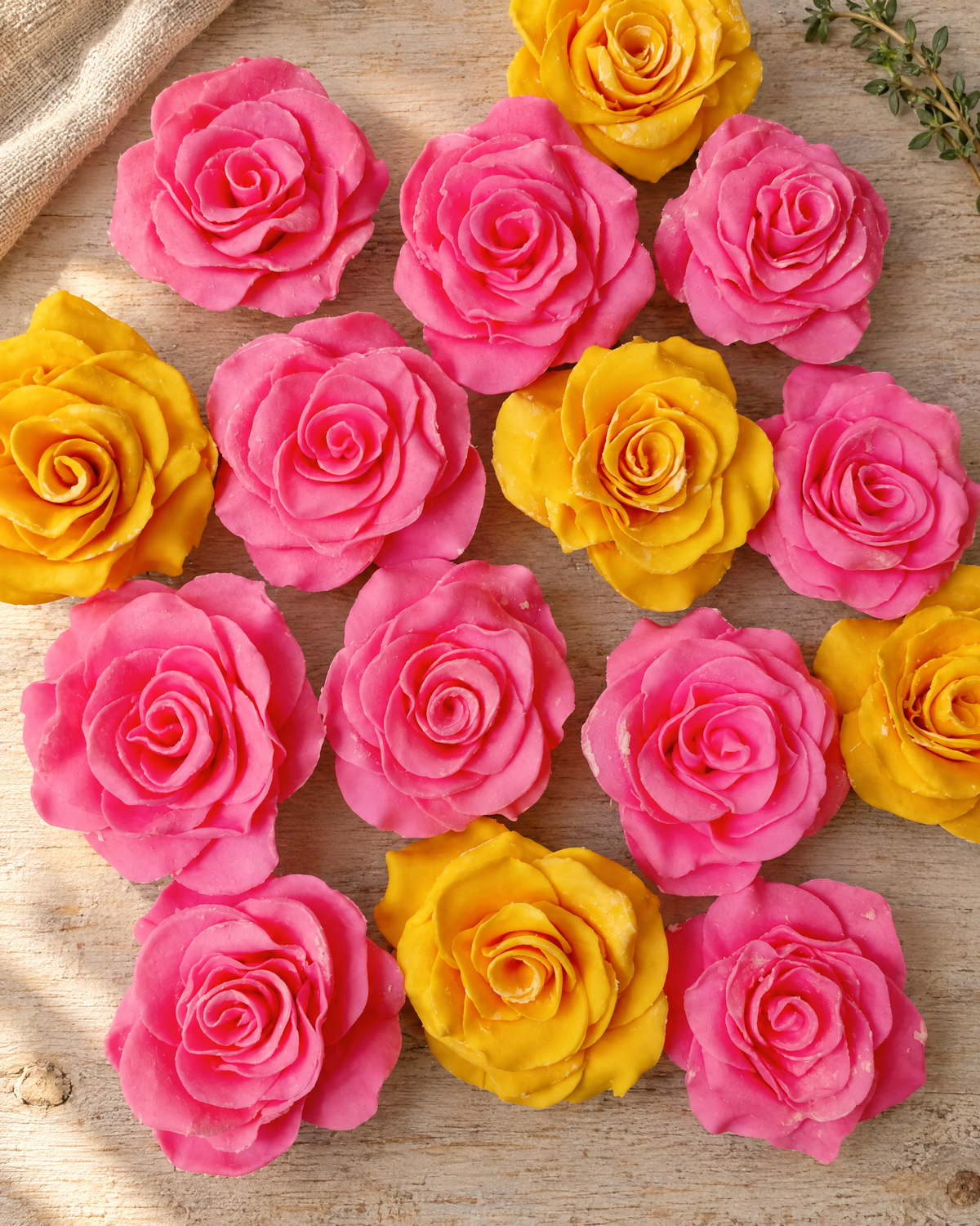 Single Sugar Paste Rose Cake Topper laid flat on a wooden board