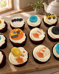 Construction Cupcake Toppers laid out on a wooden board