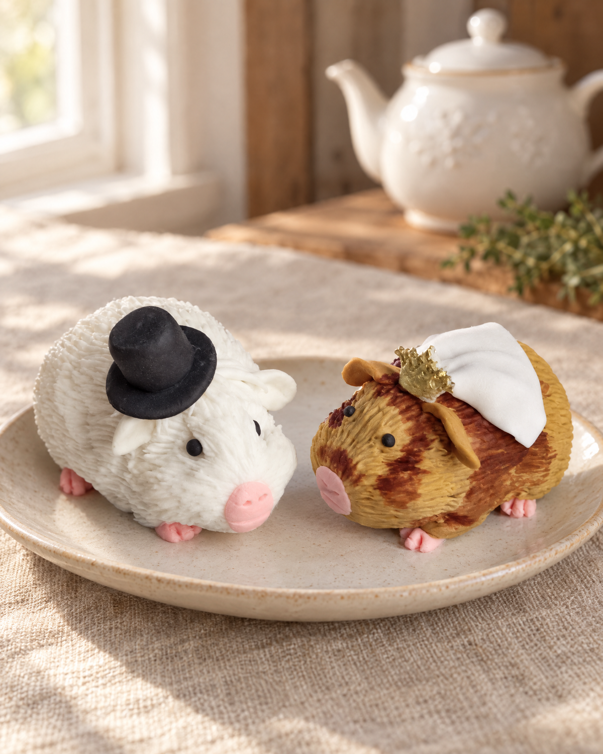 2 Guinea Pigs Wedding Cake Topper on a cream plate
