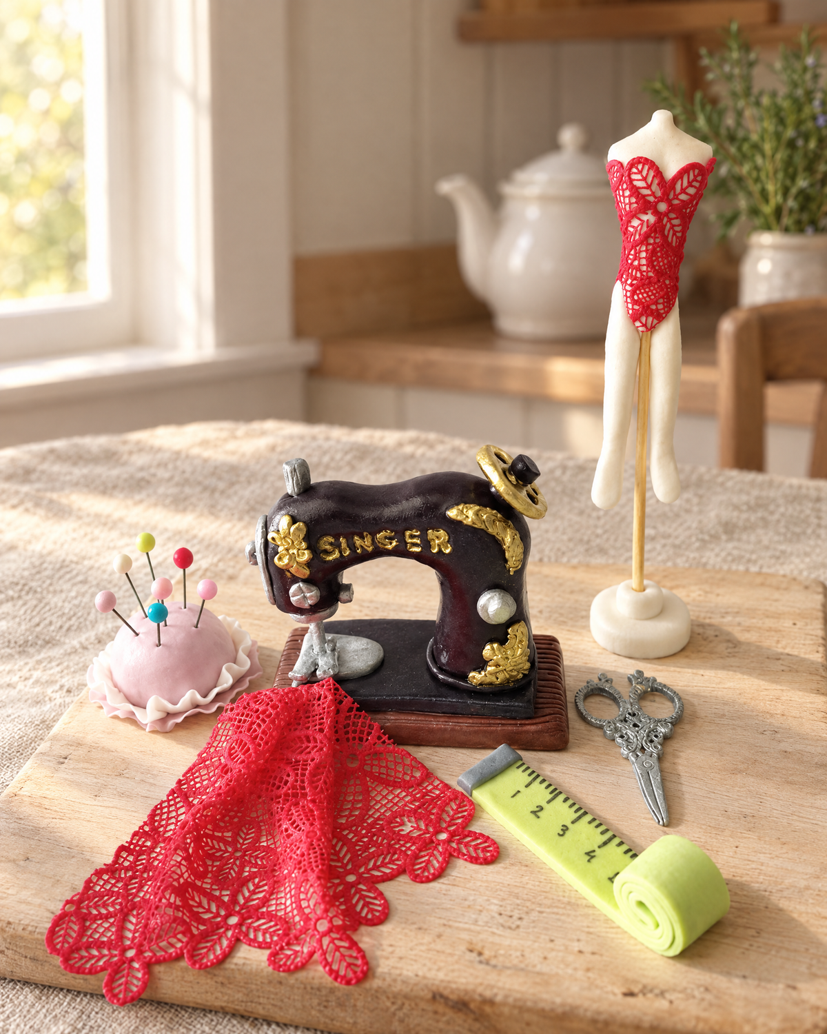 Sewing Machine Cake Topper Set laid out on a wooden board