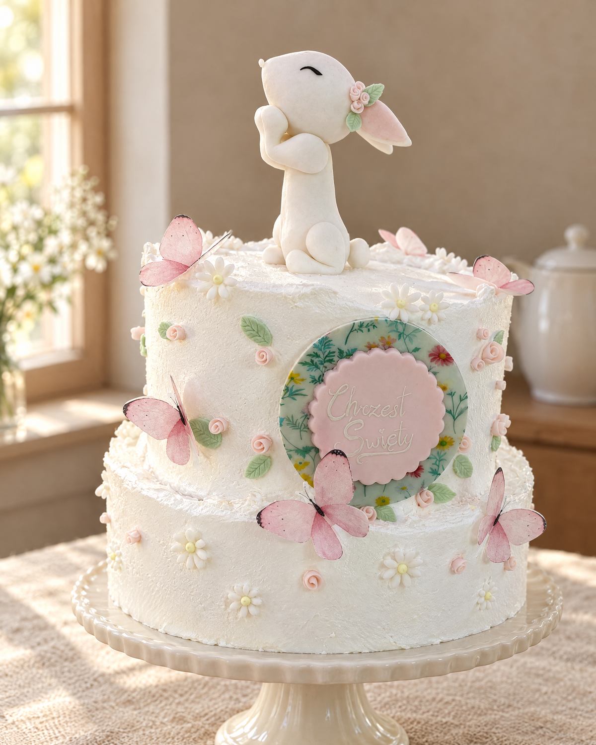 Bunny and Flowers Personalised Cake Topper on a cream cake stand