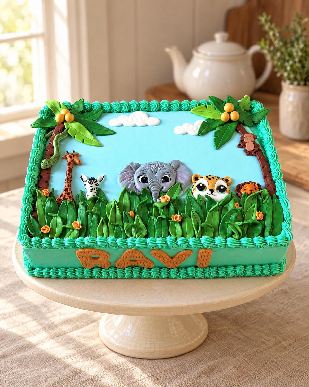 Jungle Animals Personalised Cake Topper Set on a cream cake stand