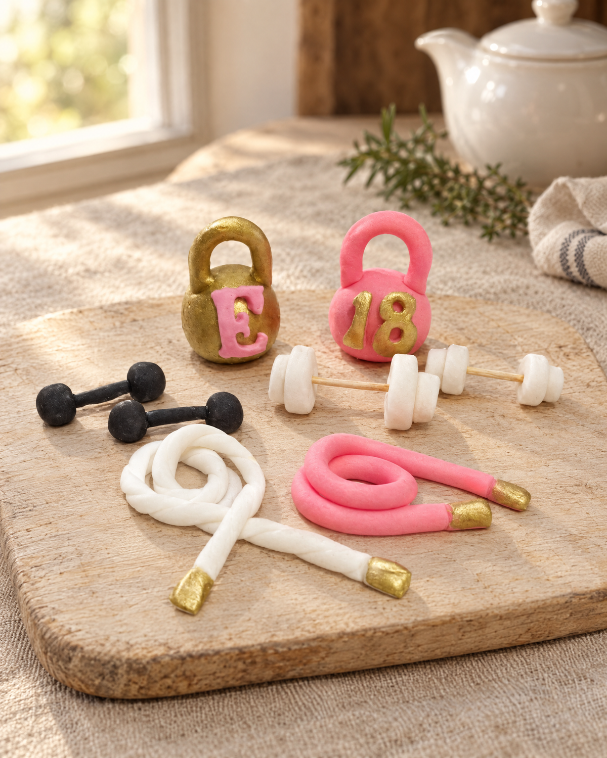 Gym Equipment Cake Topper Set laid out on a wooden board