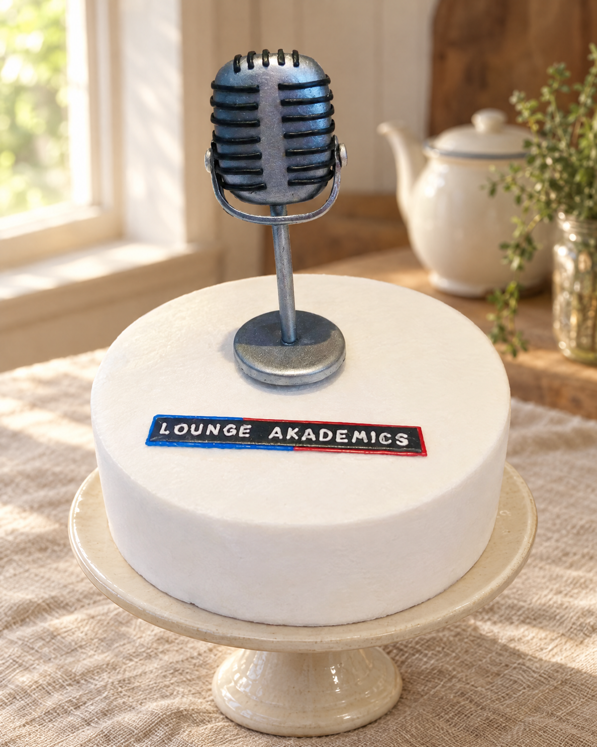Microphone Personalised Cake Topper on a cream cake stand