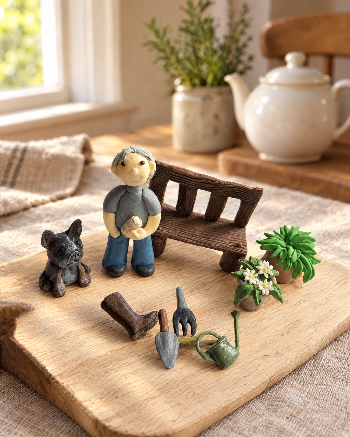Gardener and Garden Bench Cake Topper Set laid out on a wooden board