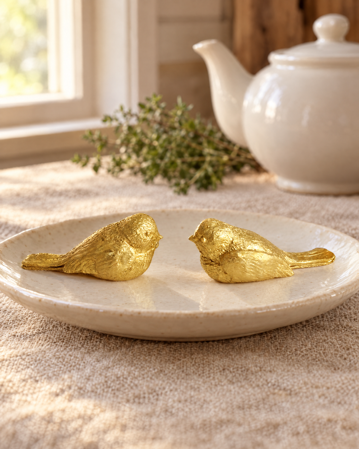 2 Gold Birds Wedding Cake Topper on a cream plate