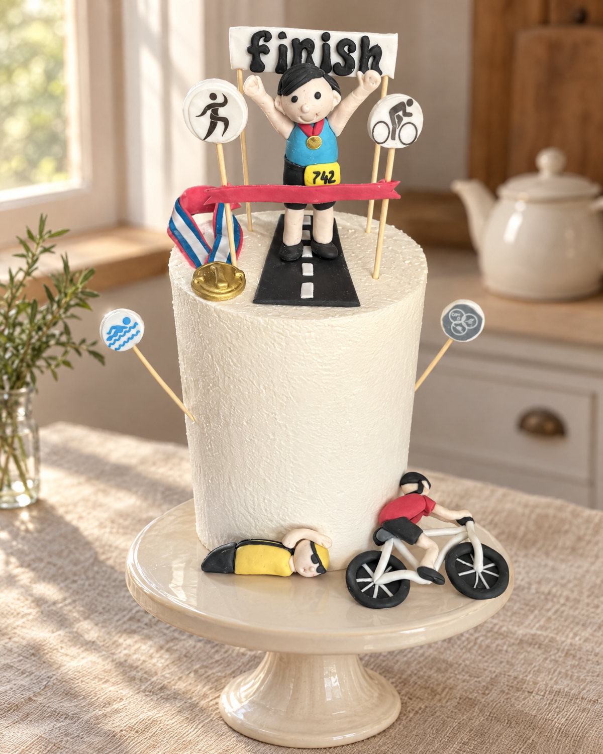 Triathlon Finish Line Cake Topper Set on a cream cake stand