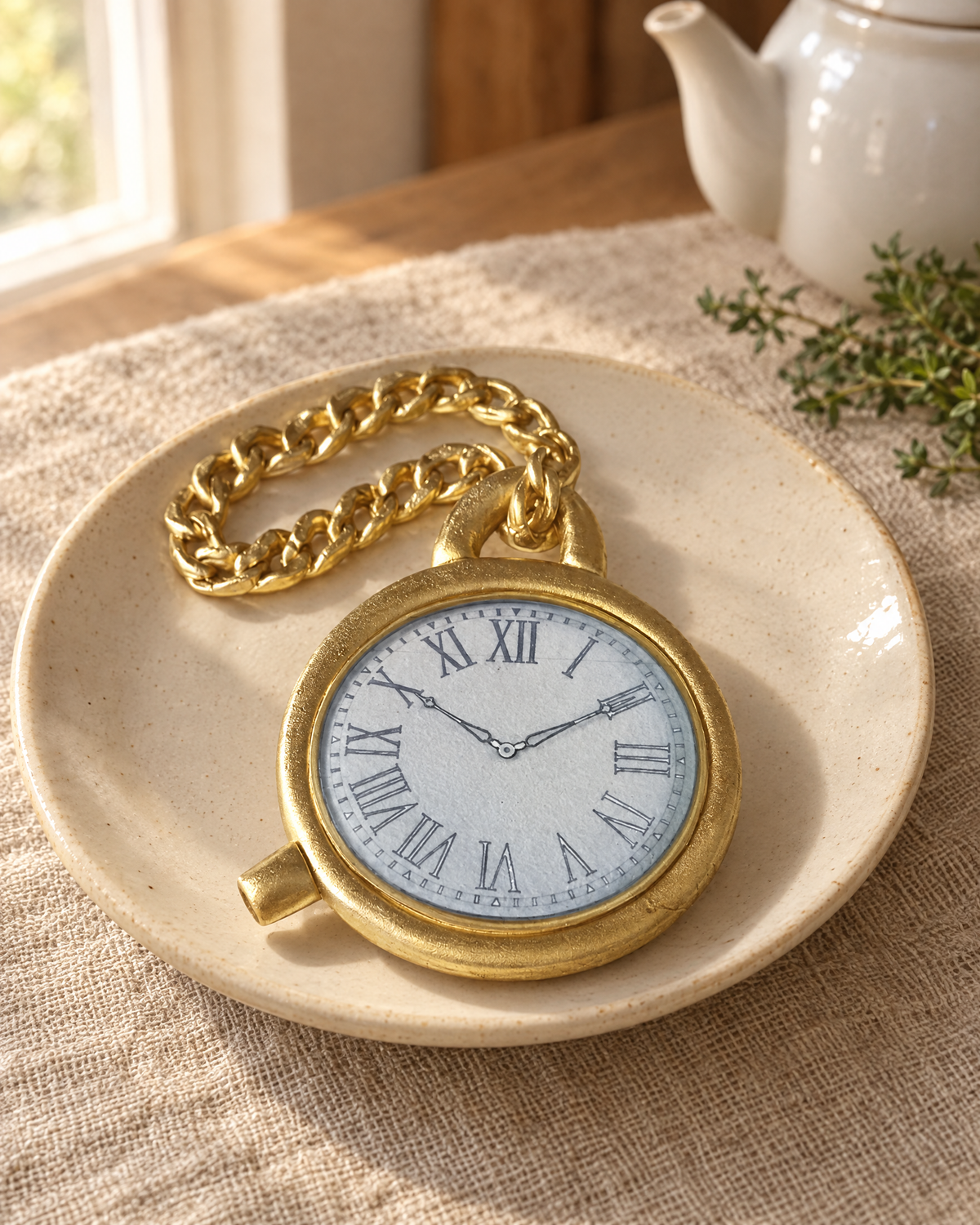 Gold Pocket Watch Cake Topper on a cream plate