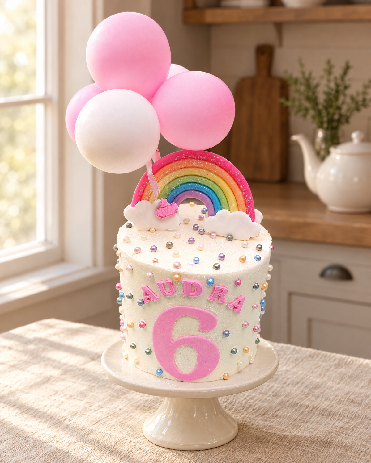 Rainbow and Clouds Personalised Cake Topper on a cream cake stand