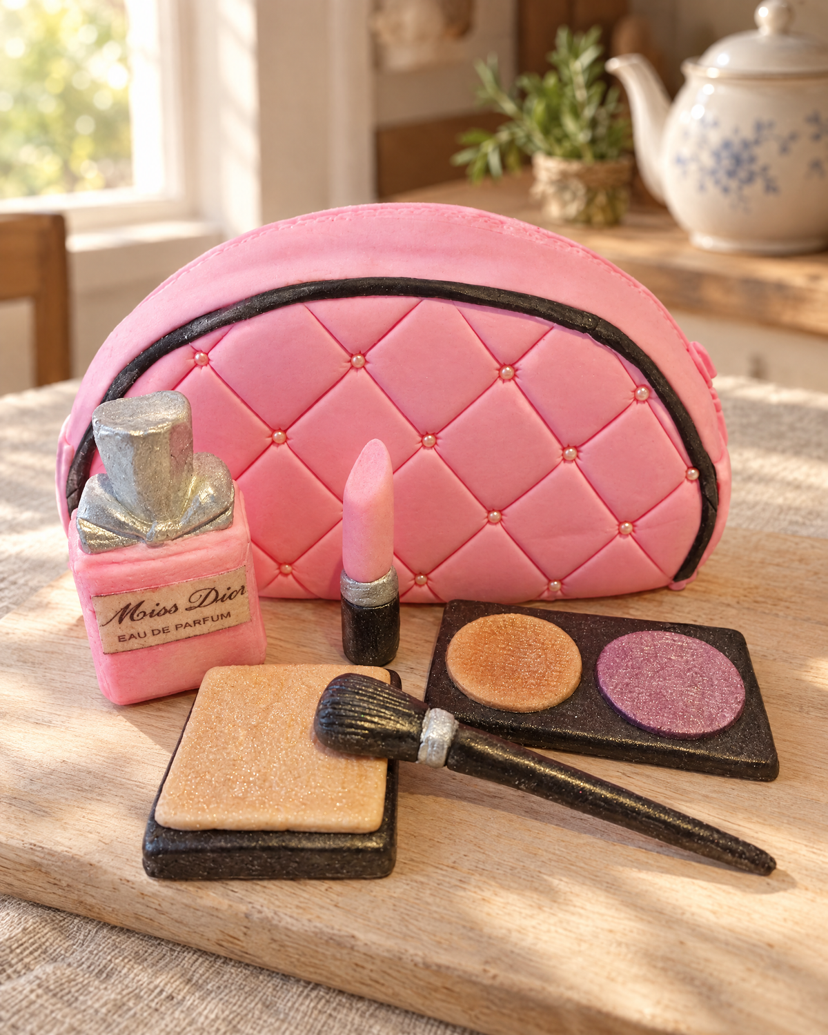 Make-Up Bag Cake Topper Set laid out on a wooden board