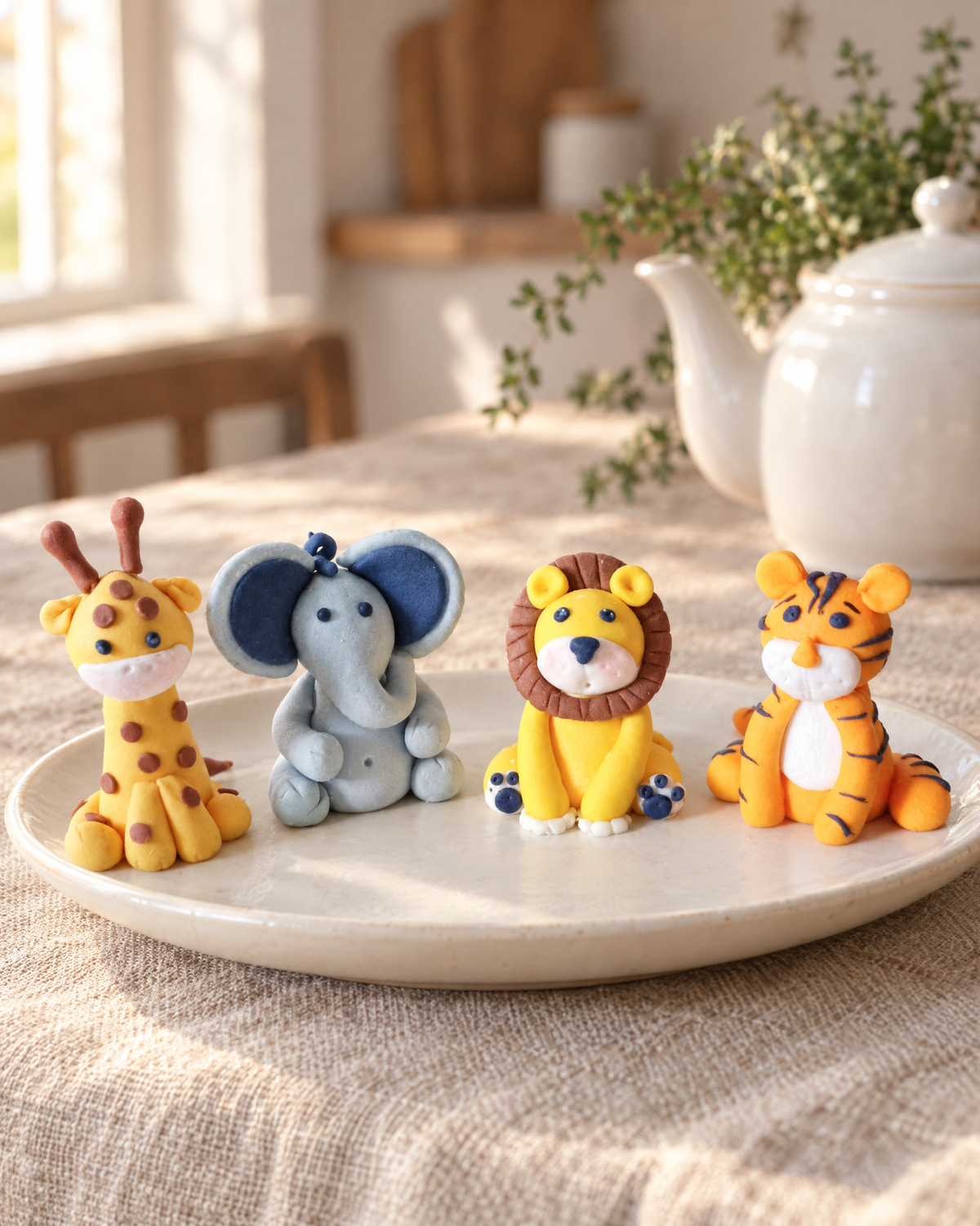 Zoo Animals Cake Topper Set on a cream plate