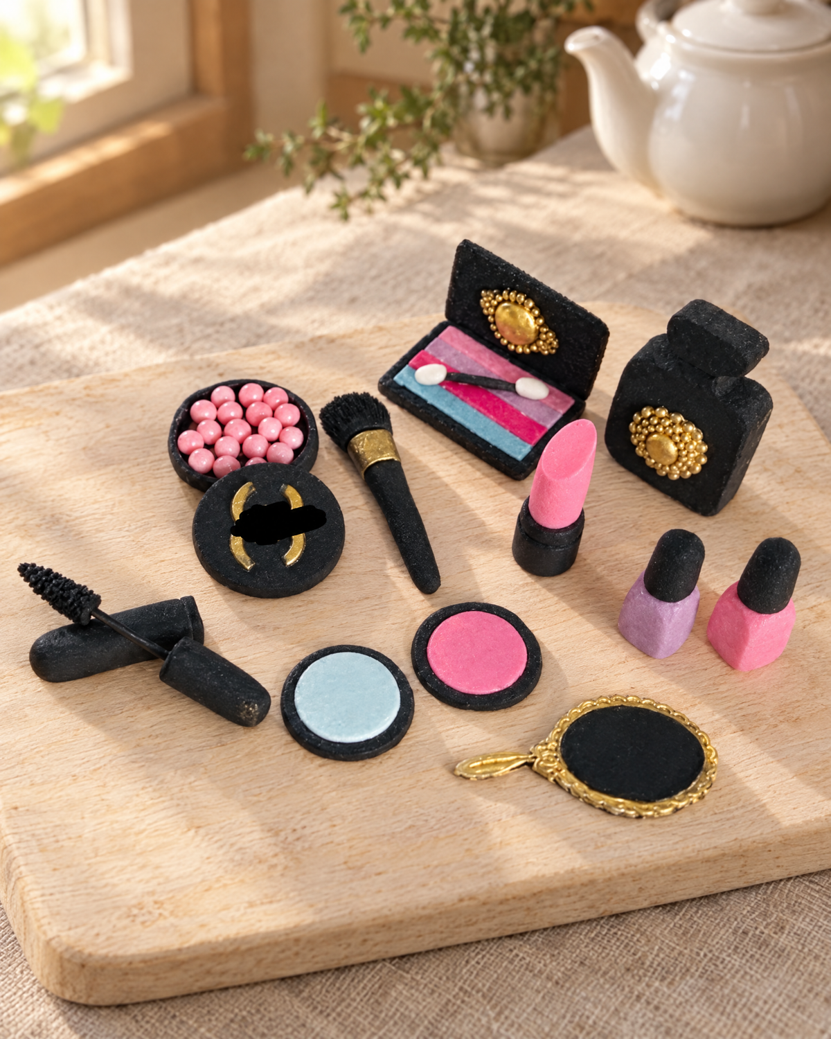 Make-Up Kit Cake Topper Set laid out on a wooden board