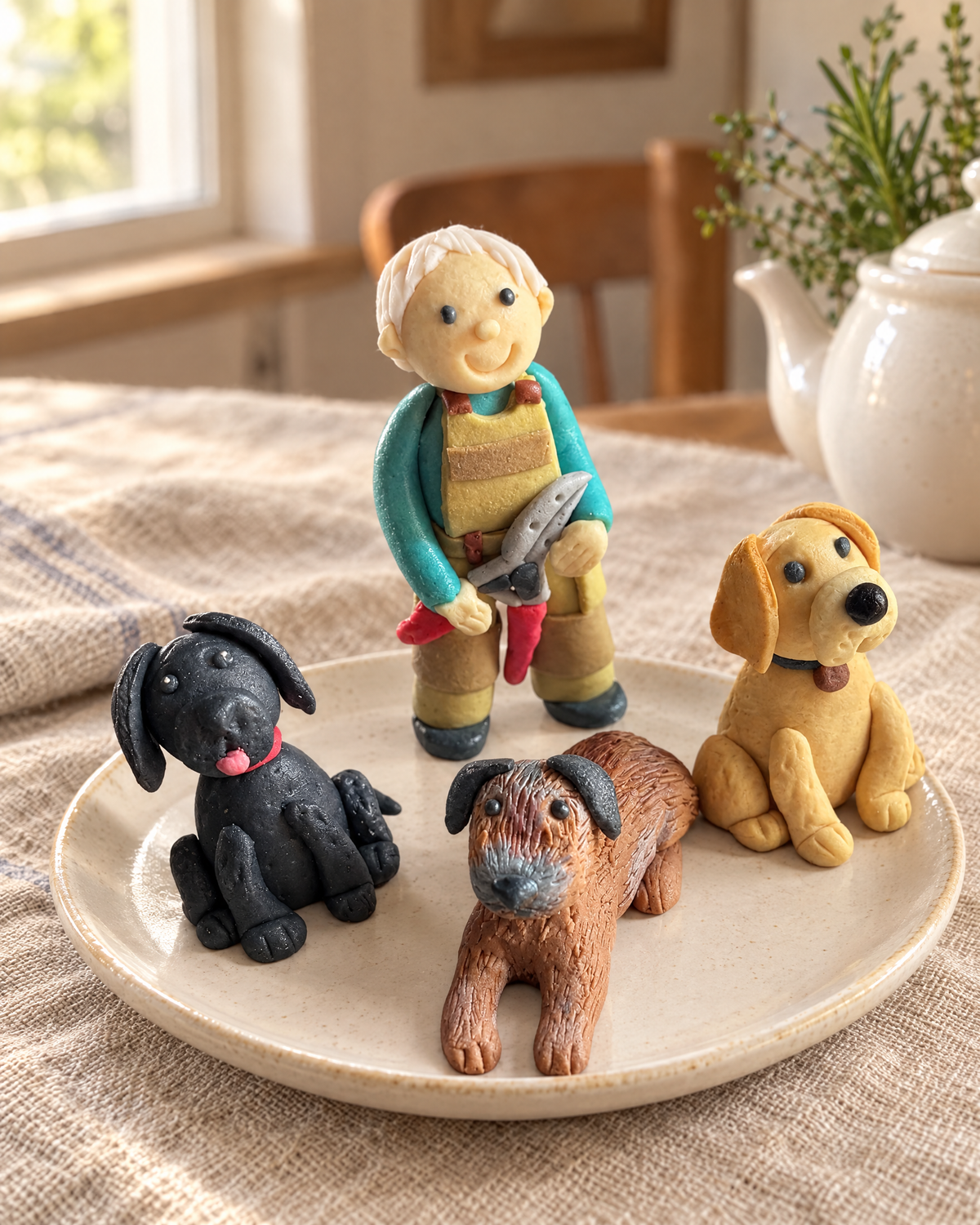 Gardener and Dogs Cake Topper on a cream plate