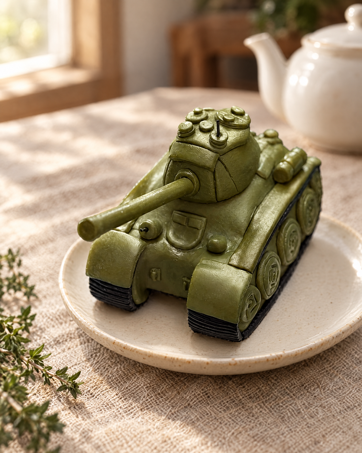 Military Tank Personalised Cake Topper on a cream plate