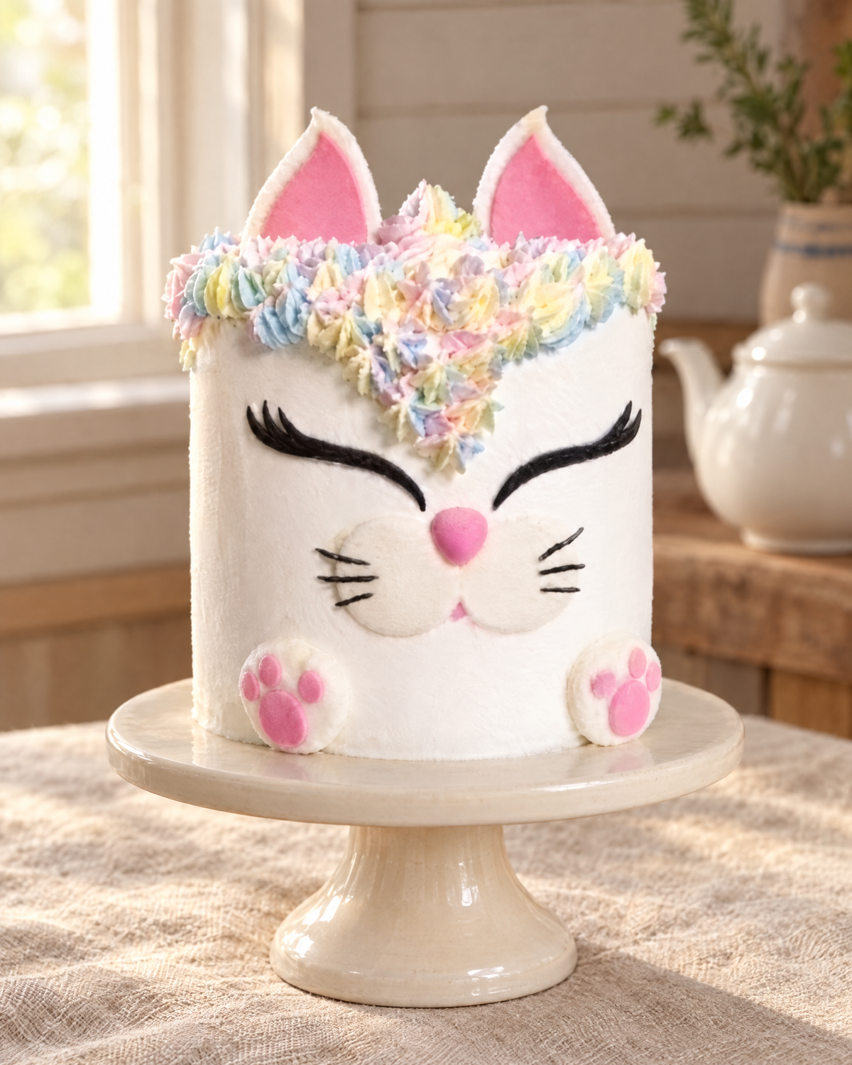 Cat Face Cake Topper with Ears and Paws on a cream cake stand