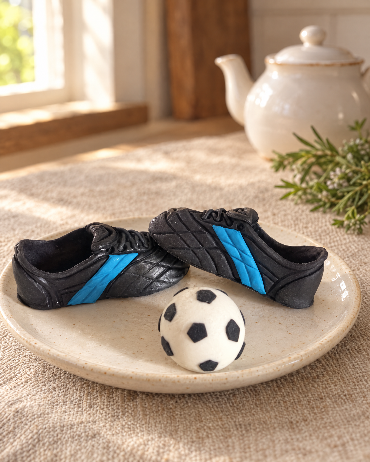 Football Boots and Ball Cake Topper on a cream plate
