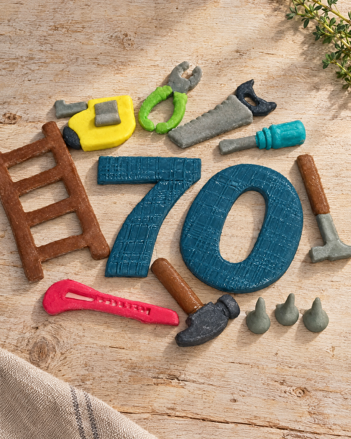 Carpenter Tools Cake Topper Set laid flat on a wooden board