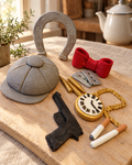 Peaky Blinders Cake Topper Set laid out on a wooden board