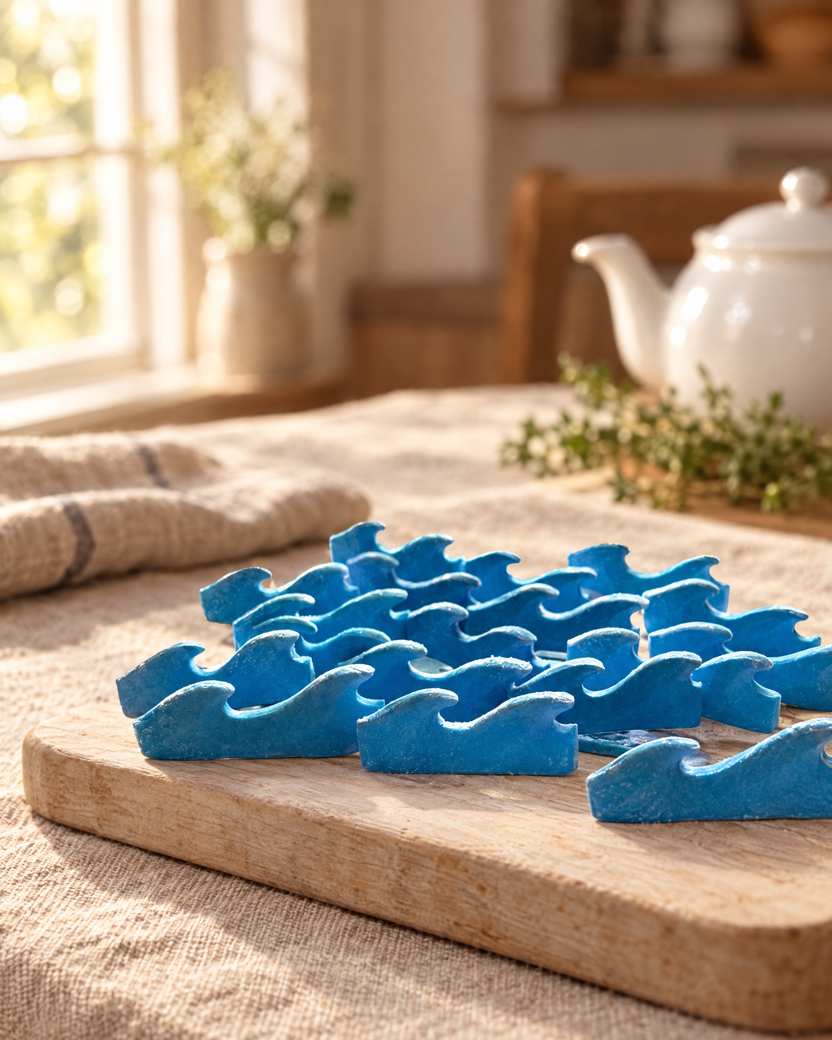 24 Sea Waves Cake Topper Set laid out on a wooden board