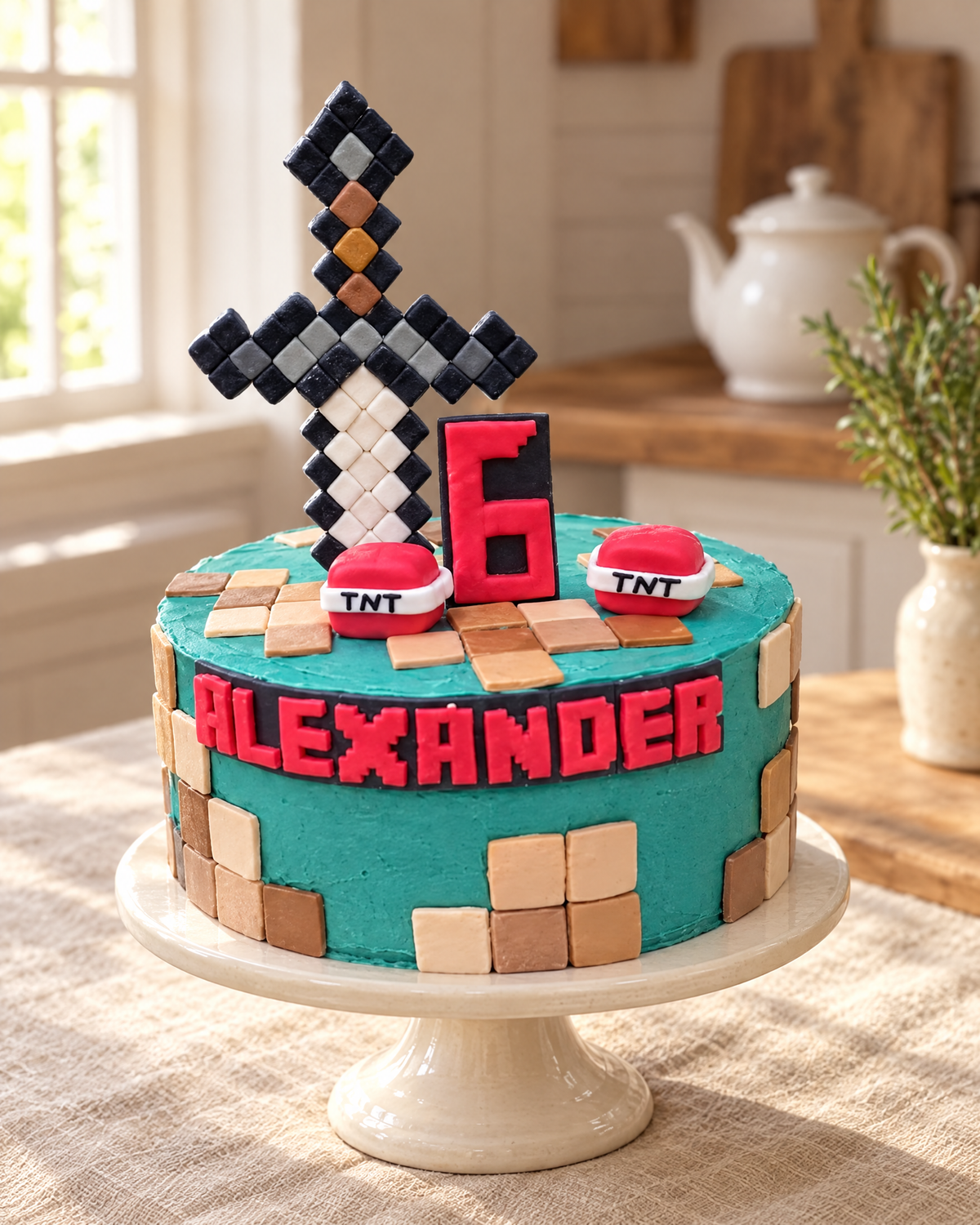 Minecraft Personalised Cake Topper Set on a cream cake stand
