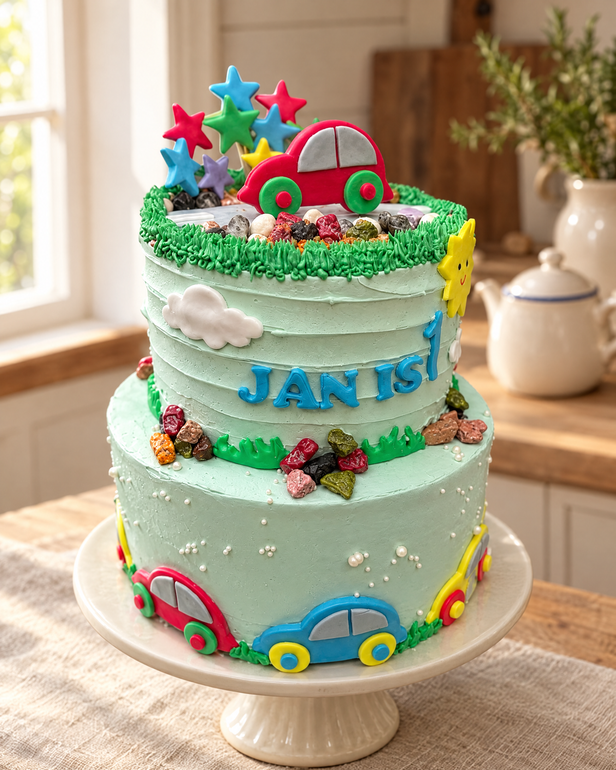 Cars and Stars Cake Topper Set on a cream cake stand